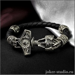 Браслет Молот Тора с шармами Сварога на кожаном плетеном шнуре для мужчины