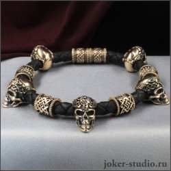 МУЖСКОЙ КОЖАНЫЙ БРАСЛЕТ РУЧНОЙ РАБОТЫ со ЗВЕЗДОЙ РУСИ и ЧЕРЕПАМИ ПЛЕТЕНОМ ШНУРЕ - КОНХОБАР