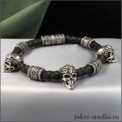 КОНХОБАР БРАСЛЕТ из КОЖИ РУЧНОЙ РАБОТЫ с ЧЕРЕПАМИ и КЕЛЬТСКИМИ БУСИНАМИ на ПЛЕТЕНОМ ШНУРЕ