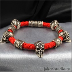 МУЖСКОЙ КРАСНЫЙ БРАСЛЕТ РУЧНОЙ РАБОТЫ С ЧЕРЕПАМИ И КЕЛЬТСКИМИ ШАРМАМИ КОНХОБАР