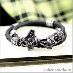 Мужской кожаный браслет "Молот Тора" с кельтскими и славянскими шармами Сварога